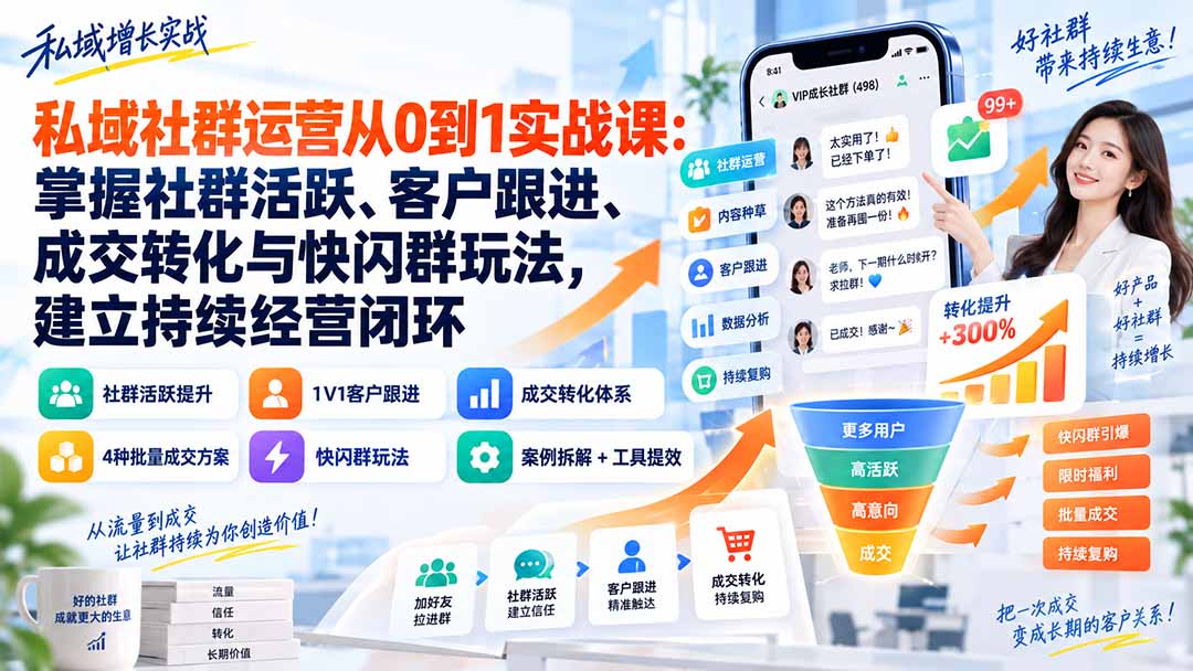 私域社群运营从0到1实战课：掌握社群活跃、客户跟进、成交转化与快闪群玩法，建立持续经营闭环-泱泱学习社