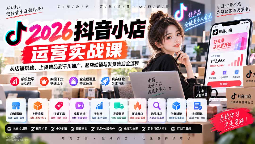 2026抖音小店运营实战课|从店铺搭建、上货选品到千川推广、起店动销与发货售后全流程-泱泱学习社
