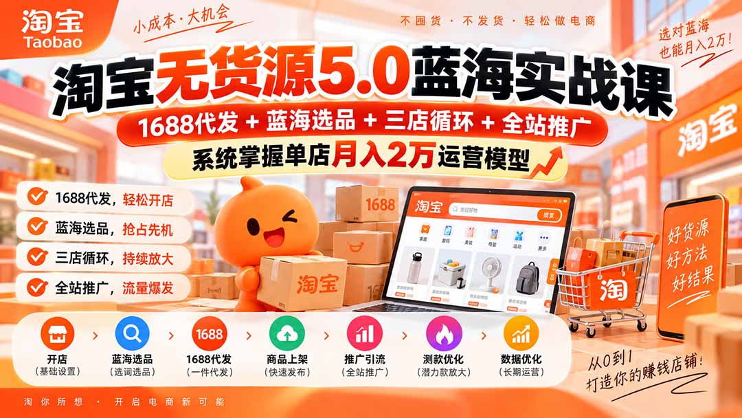 淘宝无货源5.0蓝海实战课-更新0927:1688代发+蓝海选品+三店循环+全站推广,系统掌握单店月入2万运营模型-泱泱学习社