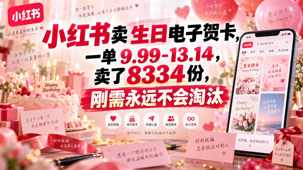 小红书卖生日电子贺卡，一单9.99-13.14，卖了8334份，刚需永远不会淘汰-泱泱学习社