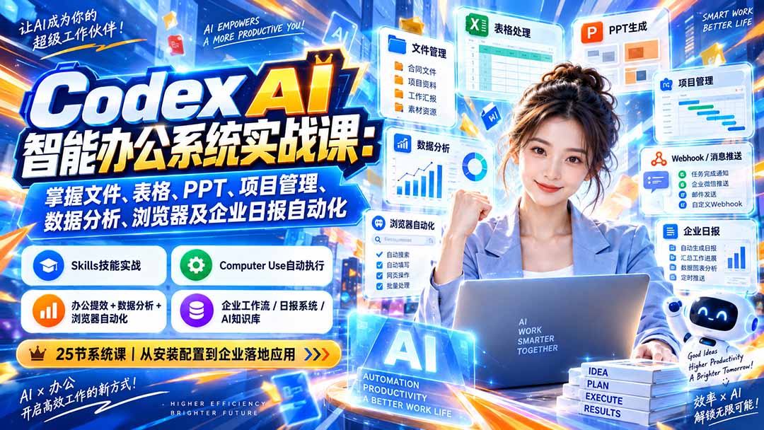 Codex AI智能办公系统实战课:掌握文件、表格、PPT、项目管理、数据分析、浏览器及企业日报自动化-泱泱学习社