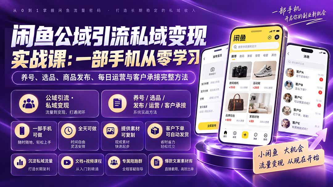 闲鱼公域引流私域变现实战课：一部手机从零学习养号、选品、商品发布、每日运营与客户承接完整方法-泱泱学习社