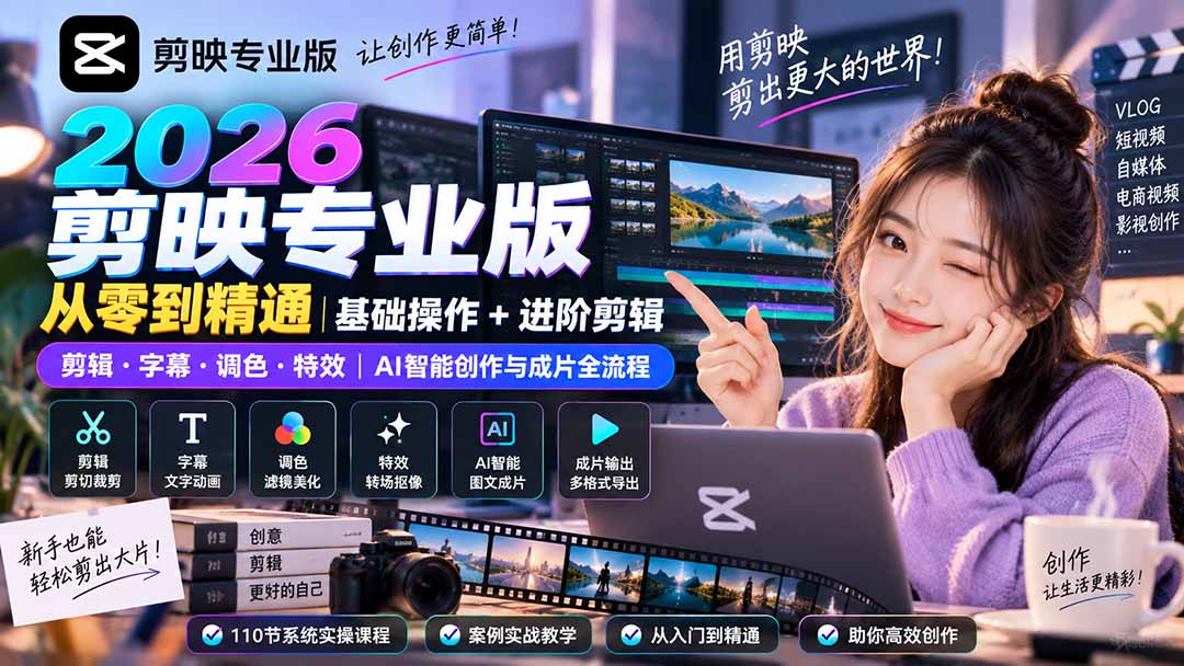 2026剪映专业版从零到精通｜基础操作+进阶剪辑｜剪辑·字幕·调色·特效｜AI智能创作与成片全流程-泱泱学习社