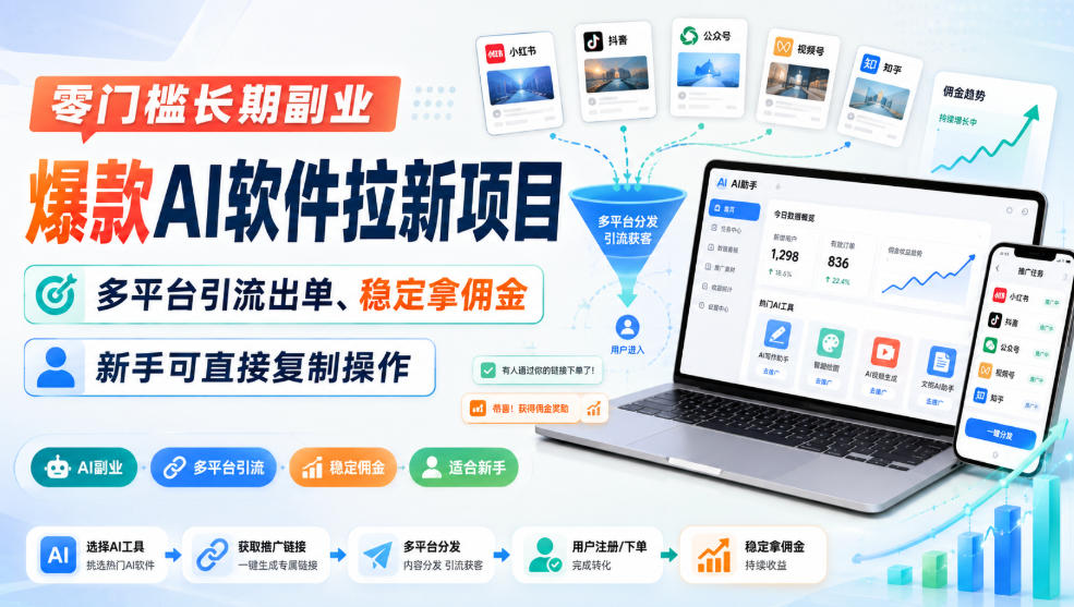 零门槛长期副业,爆款AI软件拉新项目,多平台引流出单、稳定拿佣金,新手可直接复制操作-泱泱学习社
