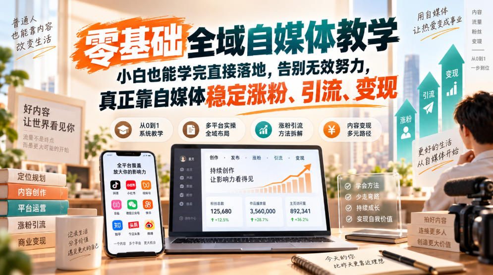 零基础全域自媒体教学，小白也能学完直接落地，告别无效努力，真正靠自媒体稳定涨粉、引流、变现-泱泱学习社