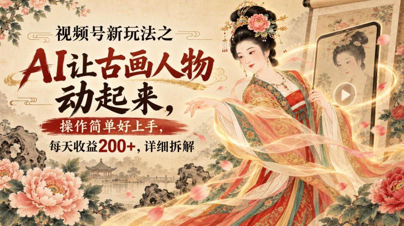 视频号新玩法之AI让古画人物动起来，操作简单好上手，每天收益200+，详细拆解-泱泱学习社