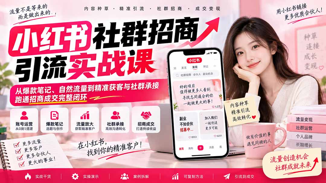 小红书社群招商引流实战课-无水印:从爆款笔记、自然流量到精准获客与社群承接,跑通招商成交完整闭环-泱泱学习社