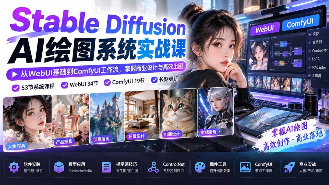 【无水印】Stable Diffusion AI绘图系统实战课：从WebUI基础到ComfyUI工作流，掌握商业设计与高效出图-泱泱学习社
