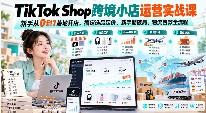 TikTok Shop跨境小店运营实战课，新手从0到1落地开店，搞定选品定价、新手期破局、物流回款全流程-泱泱学习社