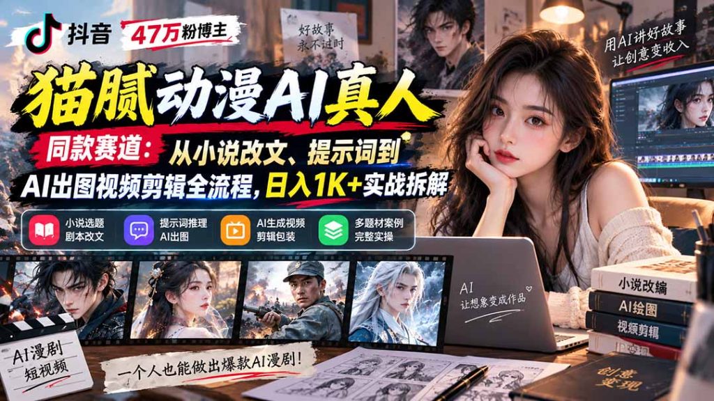 抖音47万粉博主猫腻动漫AI真人同款赛道：从小说改文、提示词到AI出图视频剪辑全流程，日入1K+实战拆解-泱泱学习社