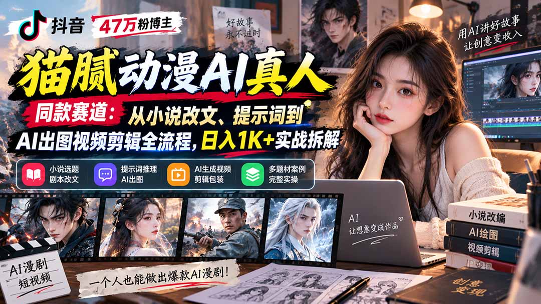 抖音47万粉博主猫腻动漫AI真人同款赛道:从小说改文、提示词到AI出图视频剪辑全流程,日入1K+实战拆解-泱泱学习社