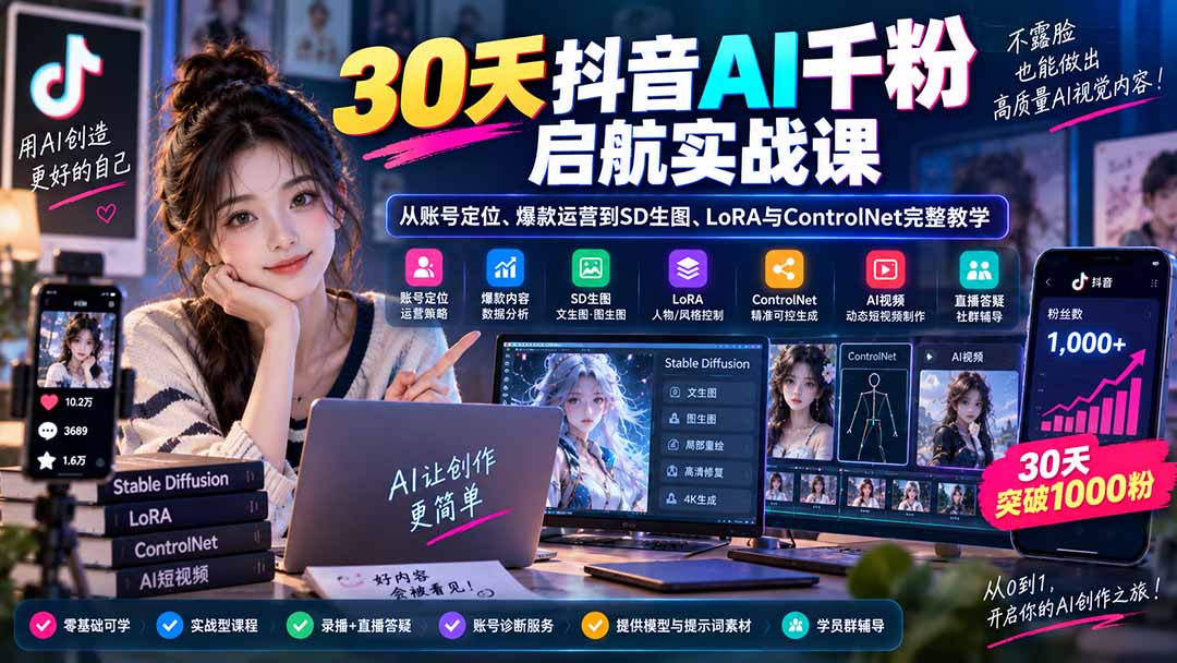 30天抖音AI千粉启航实战课：从账号定位、爆款运营到SD生图、LoRA与ControlNet完整教学-泱泱学习社