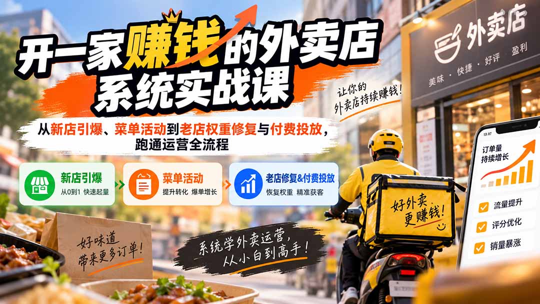 开一家赚钱的外卖店系统实战课：从新店引爆、菜单活动到老店权重修复与付费投放，跑通运营全流程-泱泱学习社
