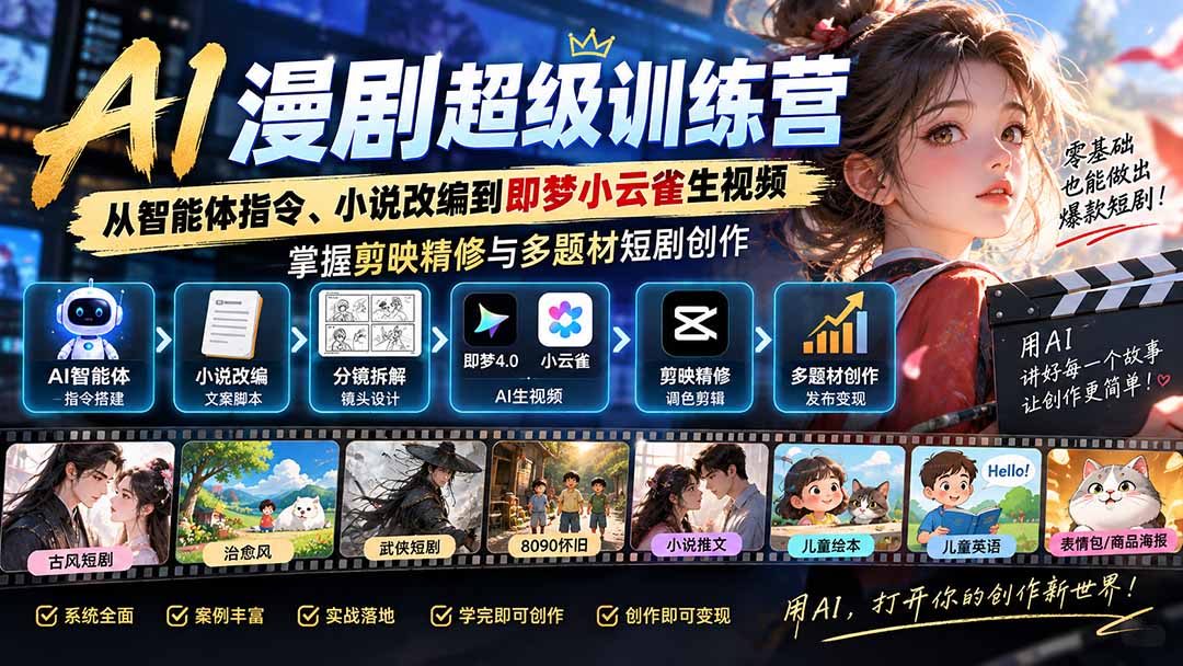AI漫剧超级特训营：从智能体指令、小说改编到即梦小云雀生视频，掌握剪映精修与多题材短剧创作-泱泱学习社