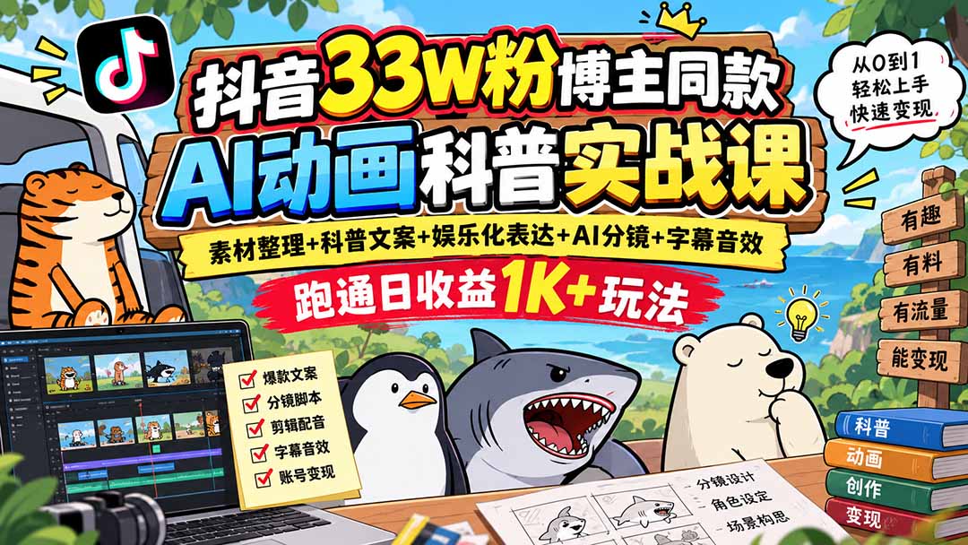 抖音33W粉博主同款AI动画科普实战课｜素材整理+科普文案+娱乐化表达+AI分镜+字幕音效，跑通日收益1K+玩法-泱泱学习社