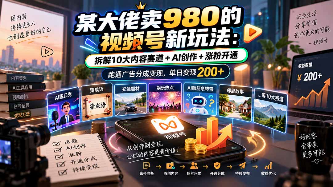 某大佬卖980的视频号新玩法:拆解10大内容赛道+AI创作+涨粉开通,跑通广告分成变现,单日变现200+-泱泱学习社