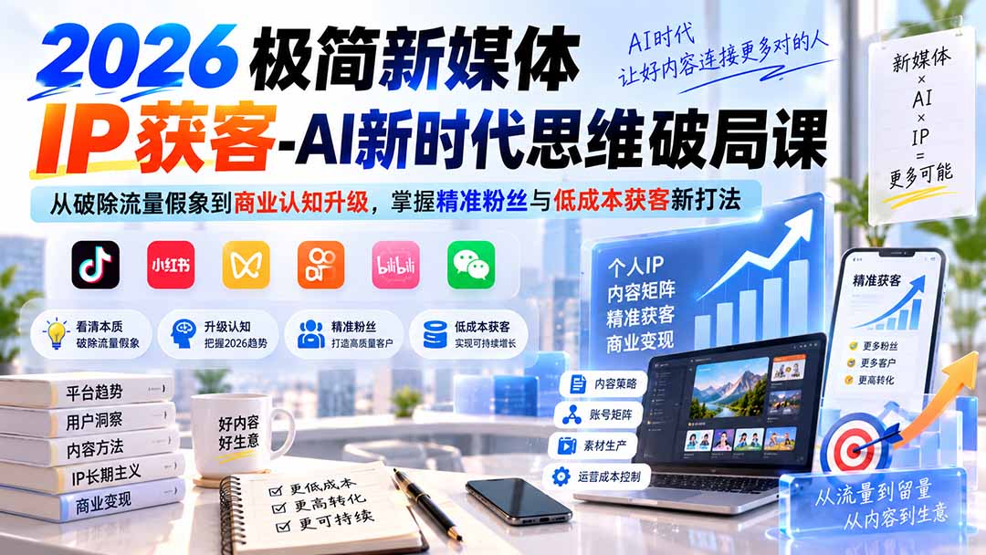 2026极简新媒体IP获客-AI新时代思维破局课:从破除流量假象到商业认知升级,掌握精准粉丝与低成本获客新打法-泱泱学习社