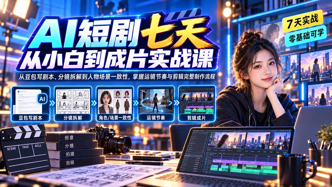 AI短剧七天从小白到成片实战课：从豆包写剧本、分镜拆解到人物场景一致性，掌握运镜节奏与剪辑完整制作流程-泱泱学习社