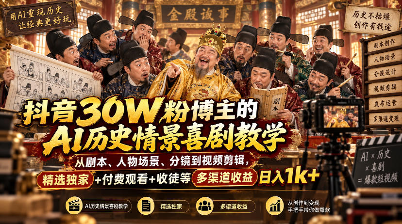 抖音30W粉博主的AI历史情景喜剧教学，从剧本、人物场景、分镜到视频剪辑，精选独家+付费观看+收徒等多渠道收益日入1k+-泱泱学习社