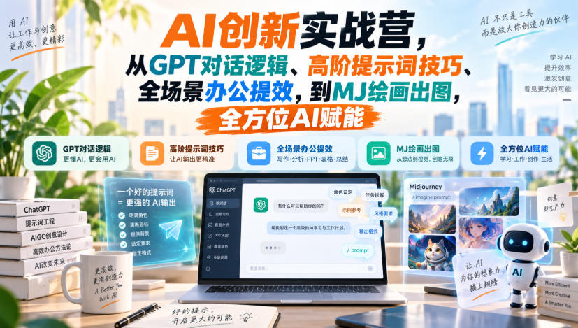 AI创新实战营，从GPT对话逻辑、高阶提示词技巧、全场景办公提效，到MJ绘画出图，全方位AI赋能-泱泱学习社