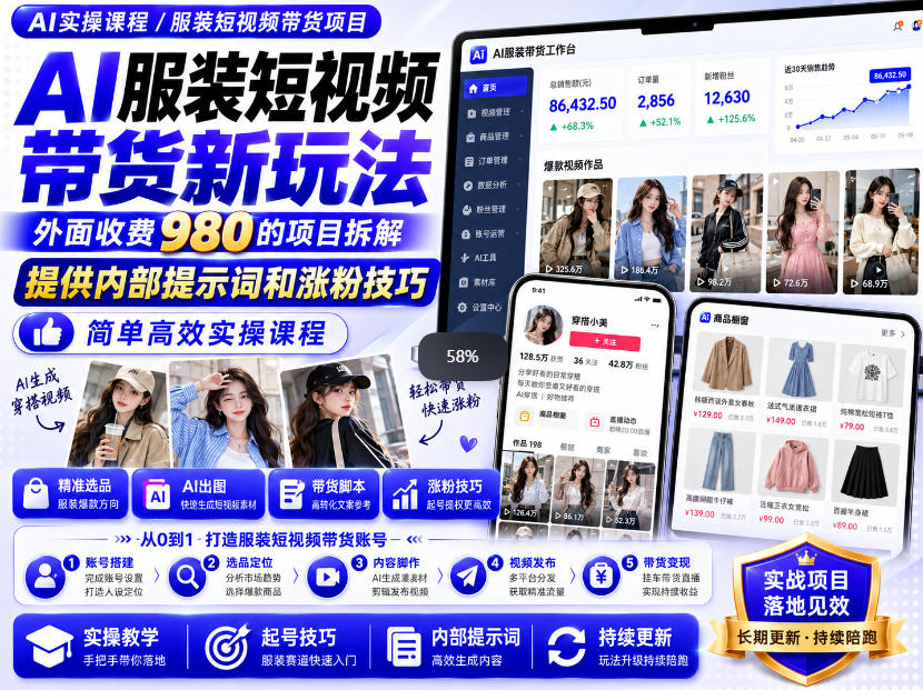 外面收费980AI快手带货系统课程，内部课程首次外放，操作简单高效，一分钟一条爆款视频-泱泱学习社
