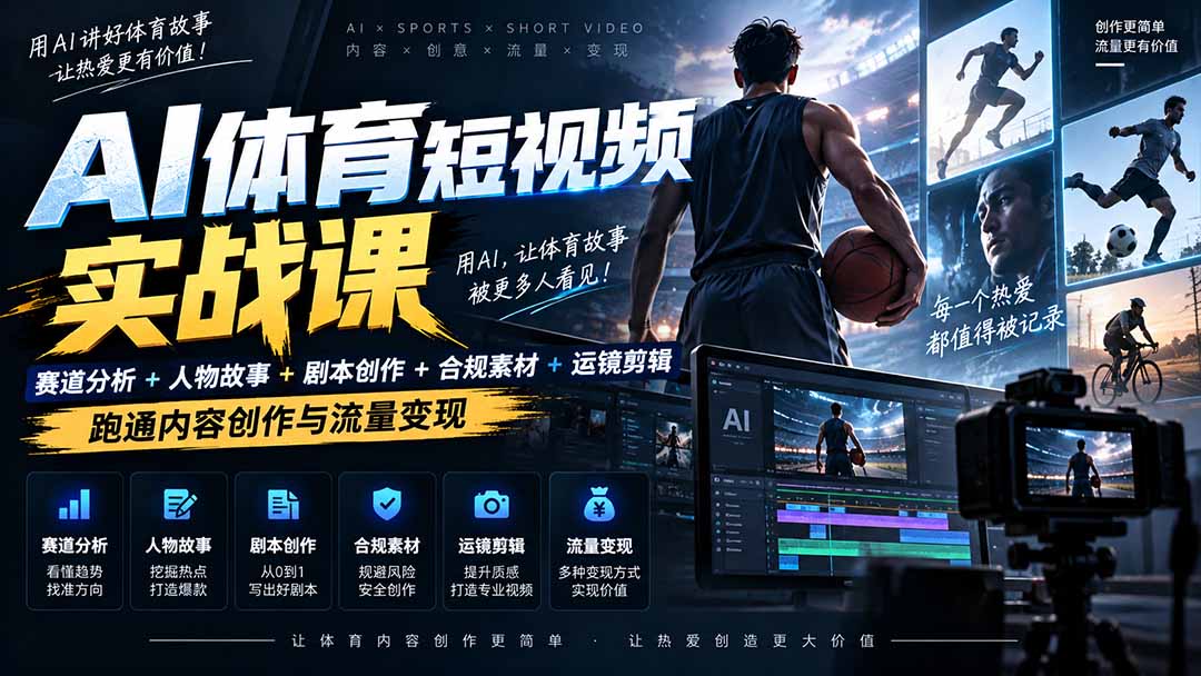 AI体育短视频赛道顶级玩法|赛道分析+人物故事+剧本创作+版权处理+运镜剪辑,跑通流量变现-日赚1K+-泱泱学习社