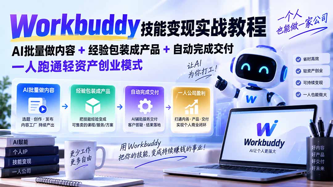 Workbuddy技能变现实战教程:AI批量做内容+经验包装成产品+自动完成交付,一人跑通轻资产创业模式-泱泱学习社