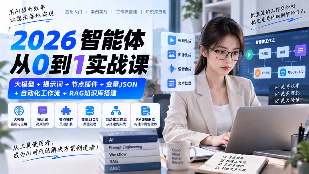 2026智能体从0到1实战课｜大模型+提示词+节点插件+变量JSON+自动化工作流+RAG知识库搭建-泱泱学习社