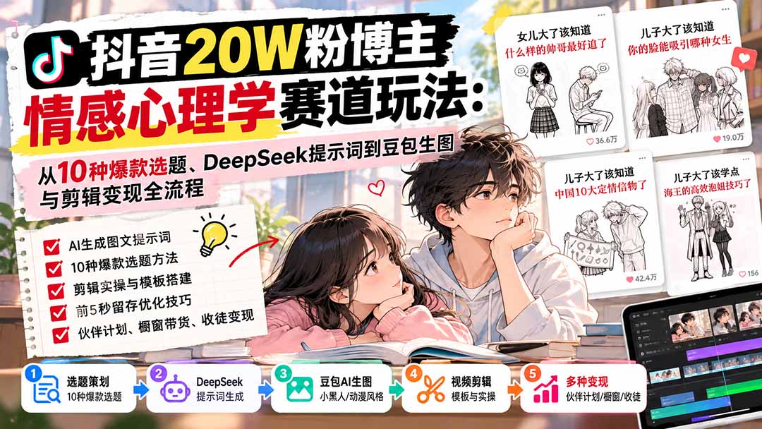 抖音20W粉博主-情感心理学赛道玩法：从10种爆款选题、DeepSeek提示词到豆包生图与剪辑变现全流程-泱泱学习社