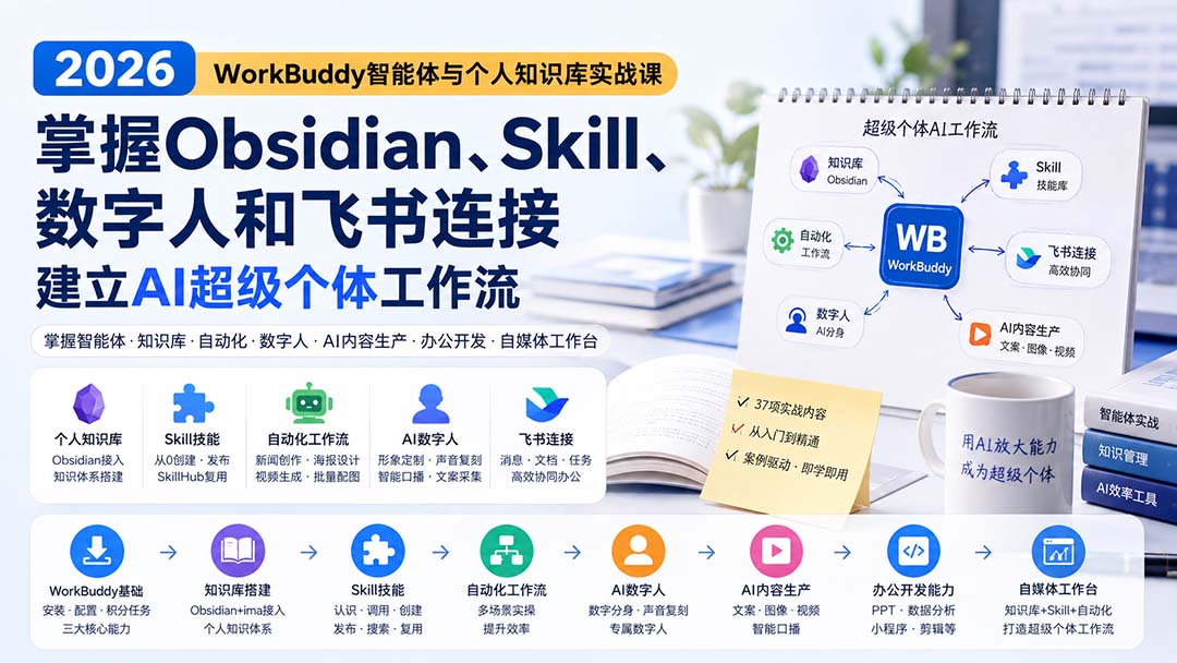 2026 WorkBuddy智能体与个人知识库实战课：掌握Obsidian、Skill、数字人和飞书连接，建立AI超级个体工作流-泱泱学习社