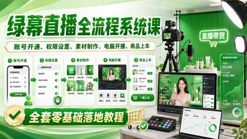 绿幕直播全流程系统课,账号开通、权限设置、素材制作、电脑开播、商品上车全套零基础落地教程-泱泱学习社