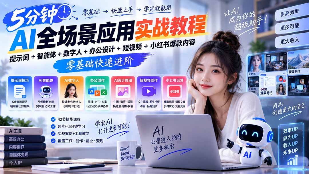 AI全场景应用实战教程|提示词+智能体+数字人+办公设计+短视频+小红书爆款内容,零基础快速进阶-泱泱学习社
