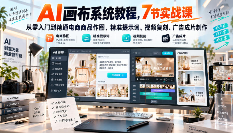 AI画布系统教程，7节实战课从零入门到精通电商商品作图、精准提示词、视频复刻、广告成片制作-泱泱学习社