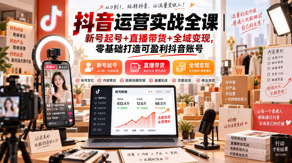 抖音运营实战全课｜新号起号+直播带货+全域变现，零基础打造可盈利抖音账号-泱泱学习社