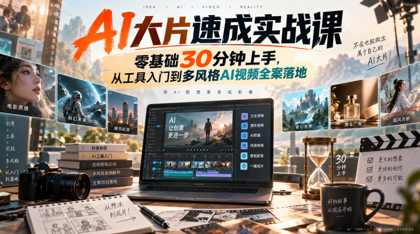 AI大片速成实战课｜零基础30分钟上手，从工具入门到多风格AI视频全案落地​-泱泱学习社