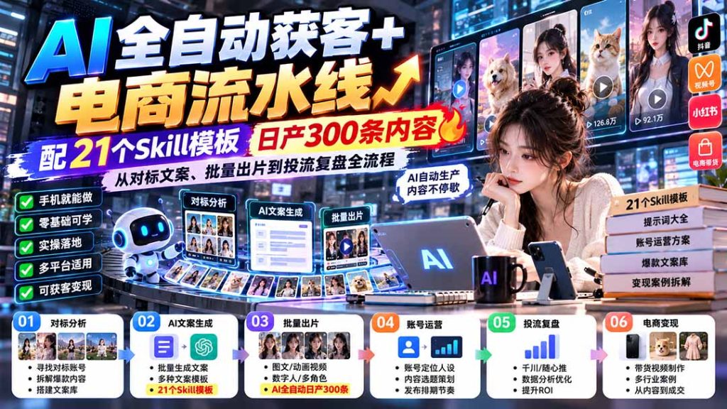 【无水印】AI全自动获客+电商流水线：配21个Skill模板，日产300条内容，从对标文案、批量出片到投流复盘全流程-泱泱学习社