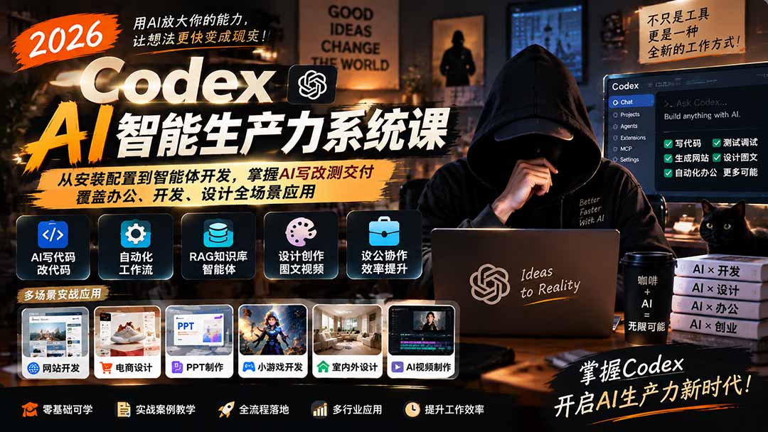 2026 Codex AI智能生产力系统课-更新｜从安装配置到智能体开发，掌握AI写改测交付，覆盖办公、开发、设计全场景应用-泱泱学习社