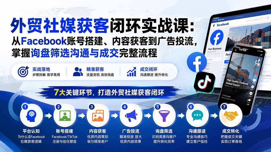 外贸社媒获客闭环实战课:从Facebook账号搭建、内容获客到广告投流,掌握询盘筛选沟通与成交完整流程-泱泱学习社