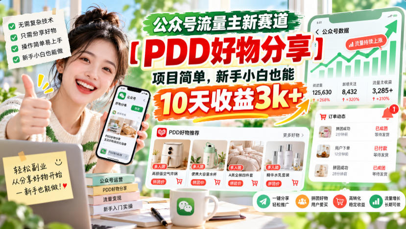 公众号流量主新赛道【PDD好物分享】，项目简单，新手小白也能10天收益3k+-泱泱学习社