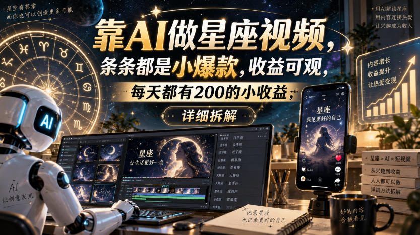 靠AI做星座视频,条条都是小爆款,收益可观,每天都有200的小收益,详细拆解-泱泱学习社