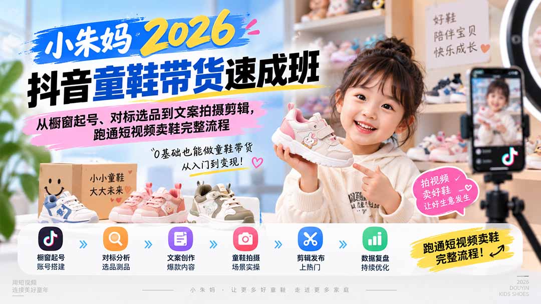 小朱妈2026抖音童鞋带货速成班：从橱窗起号、对标选品到文案拍摄剪辑，跑通短视频卖鞋完整流程-泱泱学习社