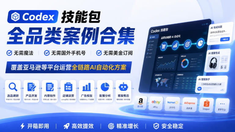 Codex技能包全品类案例合集，无需魔法、无需国外手机号、无需美金订阅，覆盖亚马逊等平台运营全链路AI自动化方案-泱泱学习社