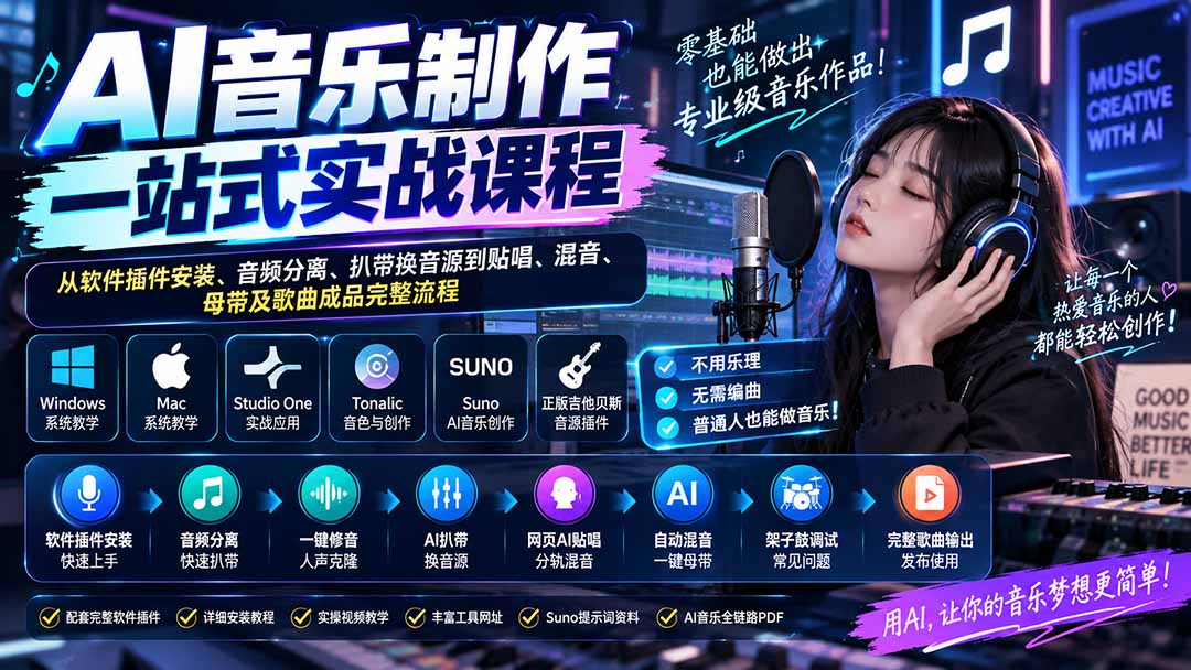 AI音乐制作一站式实战课程：从软件插件安装、音频分离、扒带换音源到贴唱、混音、母带及歌曲成品完整流程-泱泱学习社