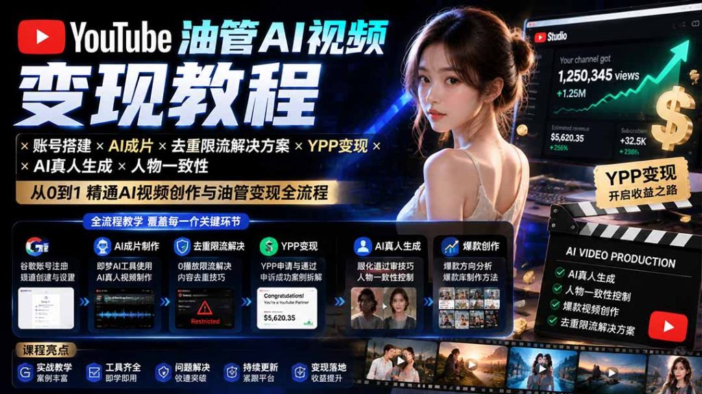 YouTube油管AI视频变现教程-更新0926：账号搭建×AI成片×去重限流解决方案×YPP变现×AI真人生成×人物一致性-泱泱学习社