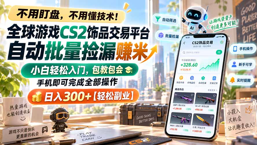 全球游戏CS2饰品交易平台自动批量捡漏赚米,小白轻松入门,包教包会,手机即可完成全部操作,日入300+【轻松副业】-泱泱学习社