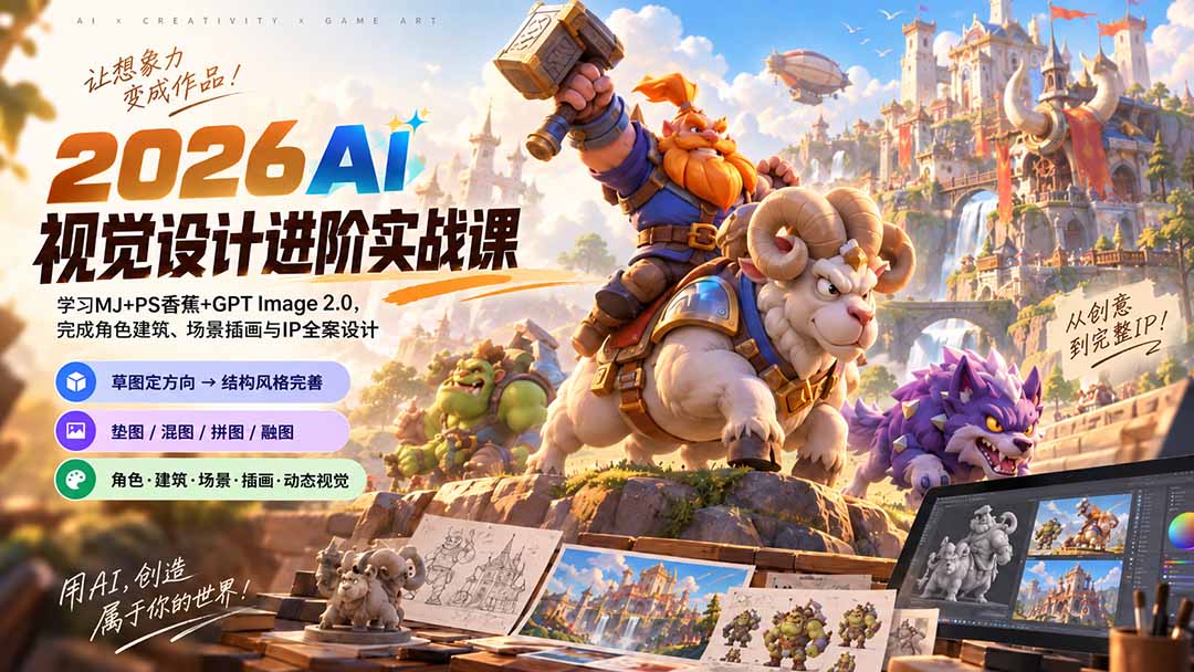 2026AI视觉设计进阶实战课-更新：学习MJ+PS香蕉+GPT Image 2.0，完成角色建筑、场景插画与IP全案设计-泱泱学习社