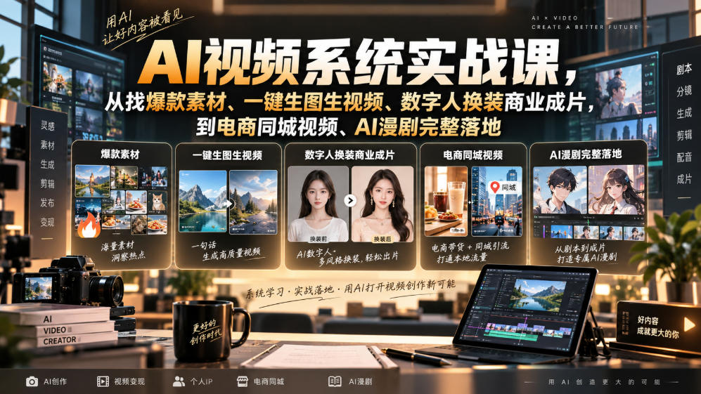 AI视频系统实战课，从找爆款素材、一键生图生视频、数字人换装商业成片，到电商同城视频、AI漫剧完整落地-泱泱学习社