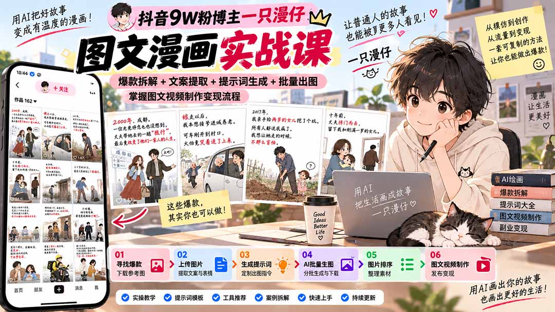抖音9W粉博主一只漫仔图文漫画课:爆款拆解+文案提取+提示词生成+批量出图,掌握图文视频制作变现流程-泱泱学习社