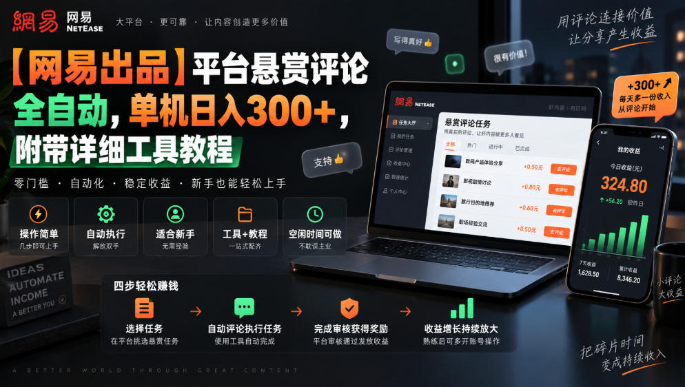 【网易出品】平台悬赏评论全自动,单机日入300+,附带详细工具教程【揭秘】-泱泱学习社