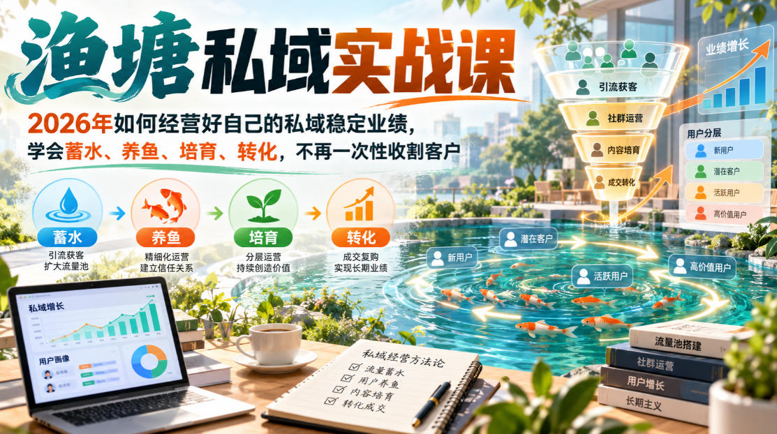 渔塘私域实战课,2026年如何经营好自己的私域稳定业绩,学会蓄水、养鱼、培育、转化,不再一次性收割客户-泱泱学习社